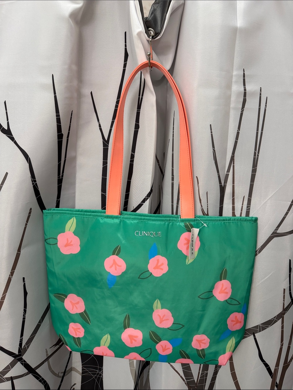 Clinique Green Floral Tote with Coral Handles